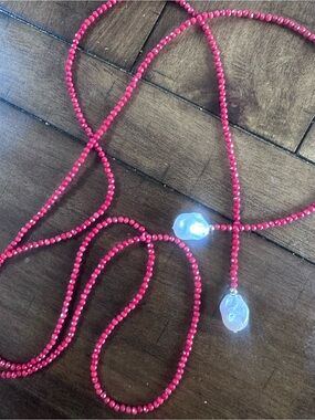 14K Delicate Coral Beaded Necklace with Pearl Drops X long